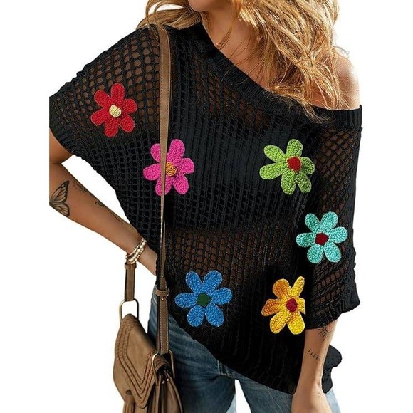 Sweaters - Womens Black Crochet Knit Flower Applique Short Sleeve Top XL